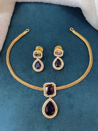 Ad Stone Necklace With Earring Ne0065 Purple With White