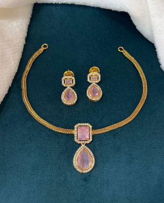 Ad Stone Necklace With Earring Ne0064 Pink With White
