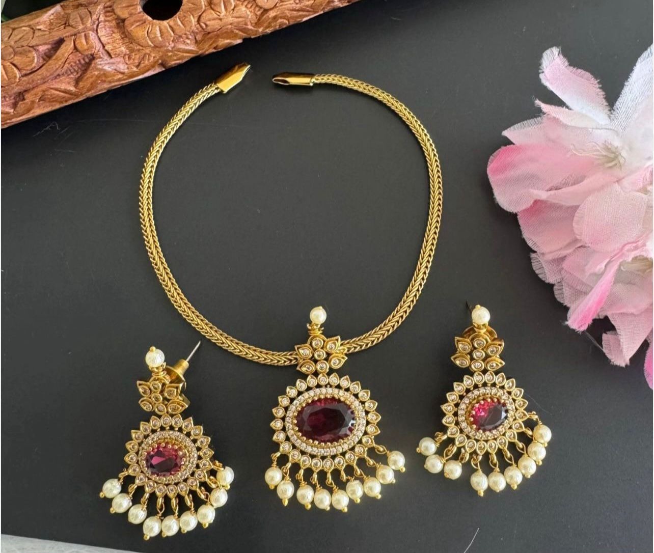 Matt Necklace With Earring Red Sn0231