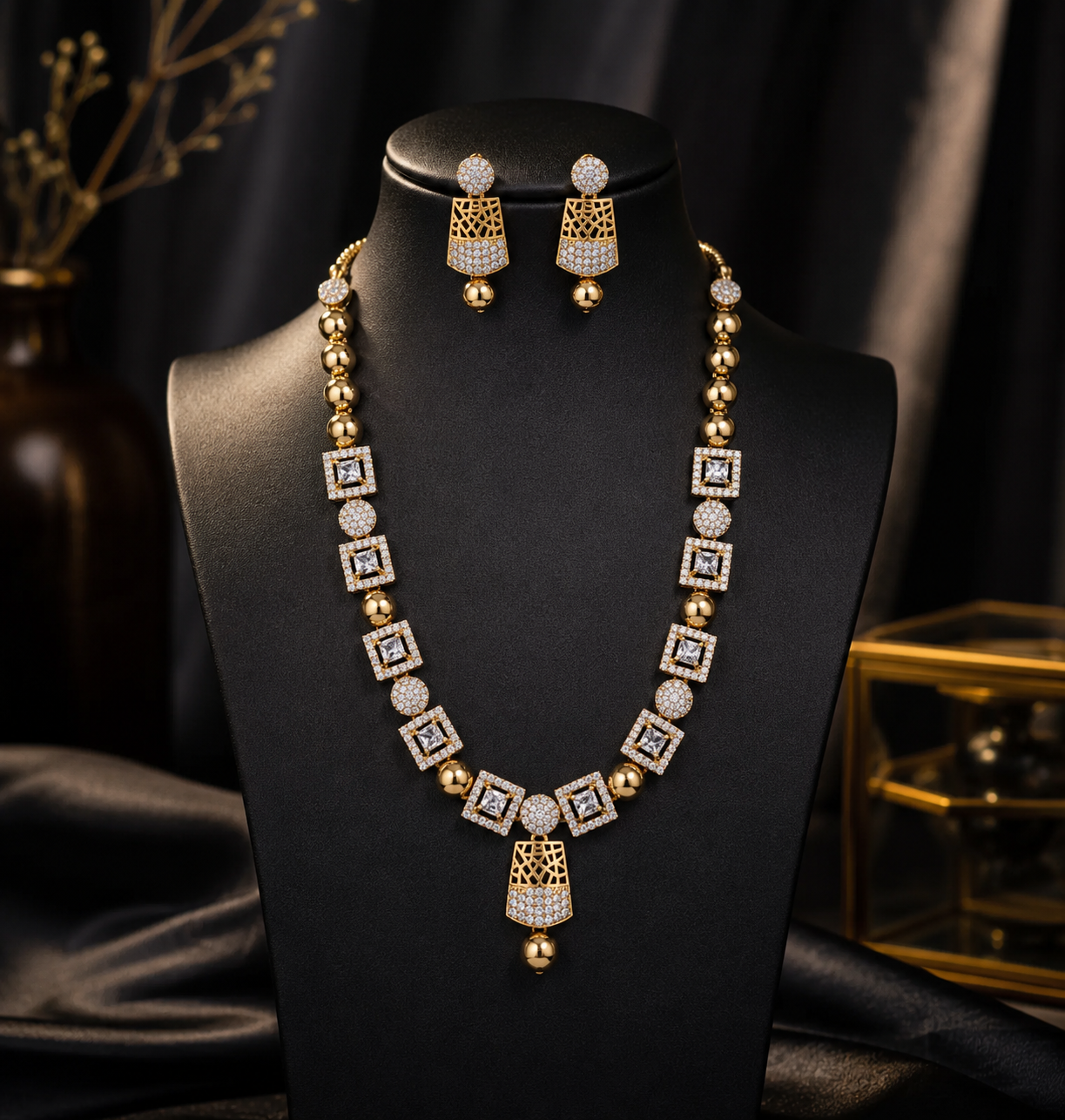 Ad Stone Necklace With Earring Ne0072 White